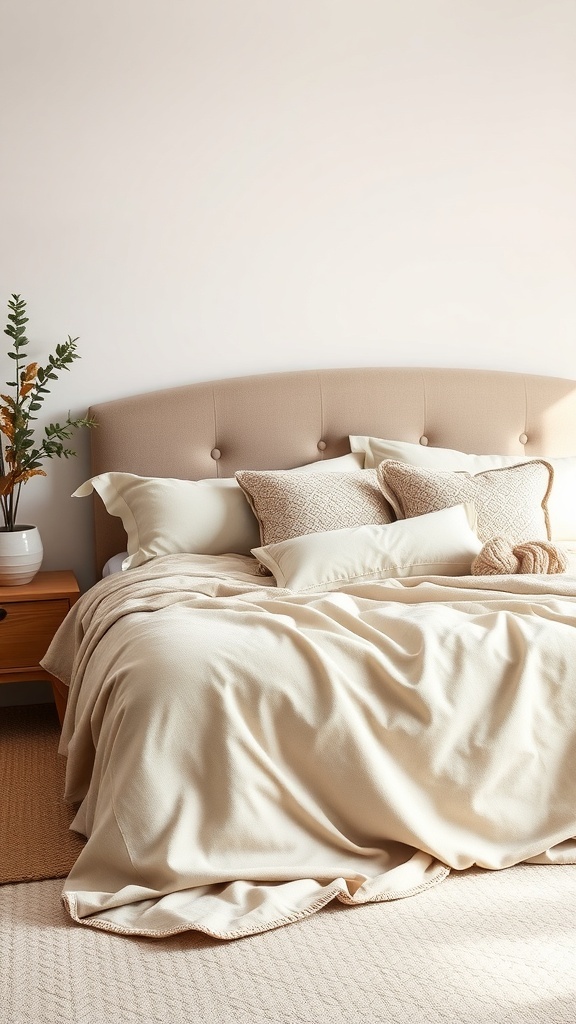 A cozy bedroom featuring soft beige bedding, plush pillows, and a small plant on the bedside table.