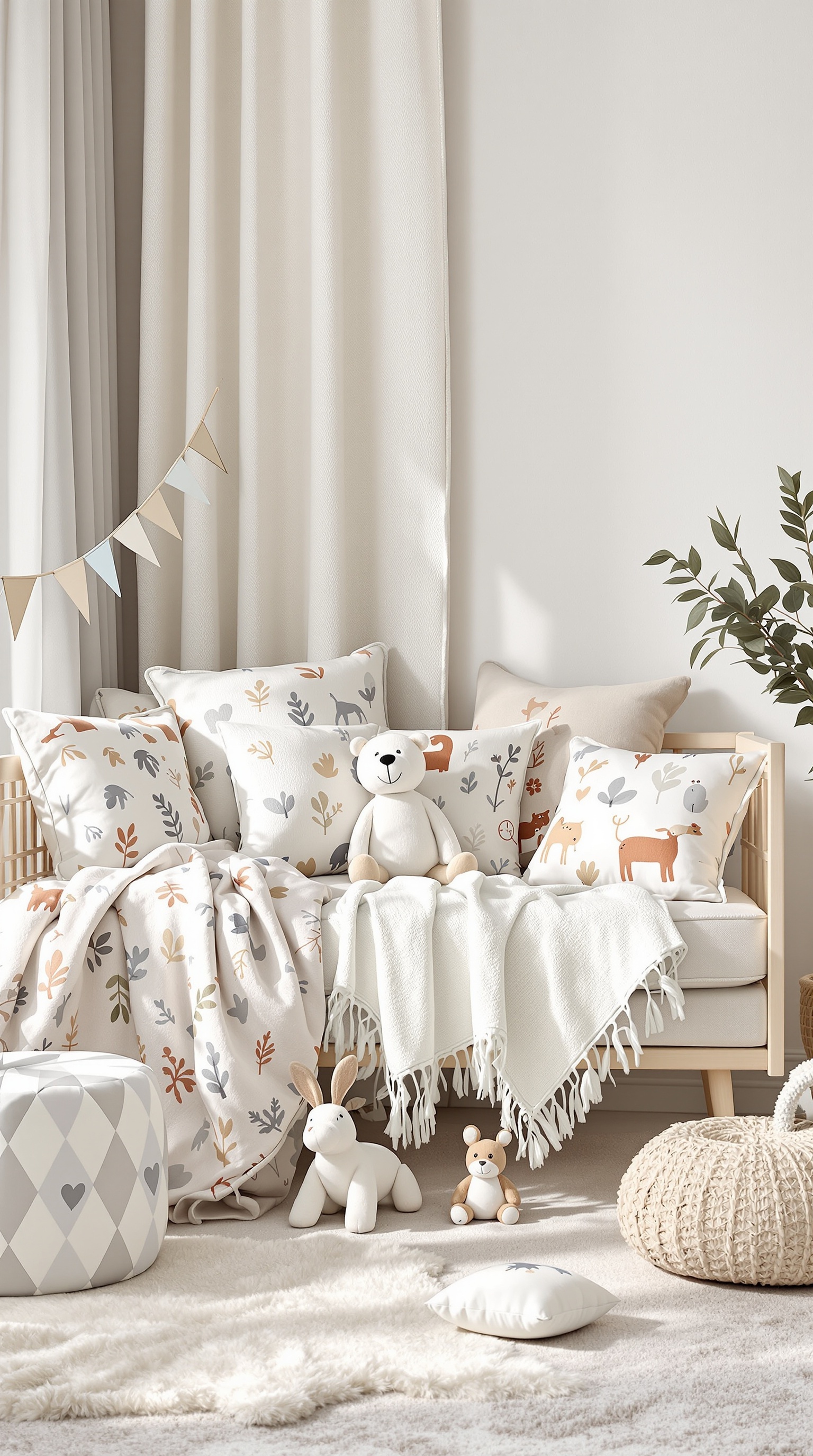 A cozy baby room with soft textiles featuring nature prints, including cushions and blankets with animal designs.