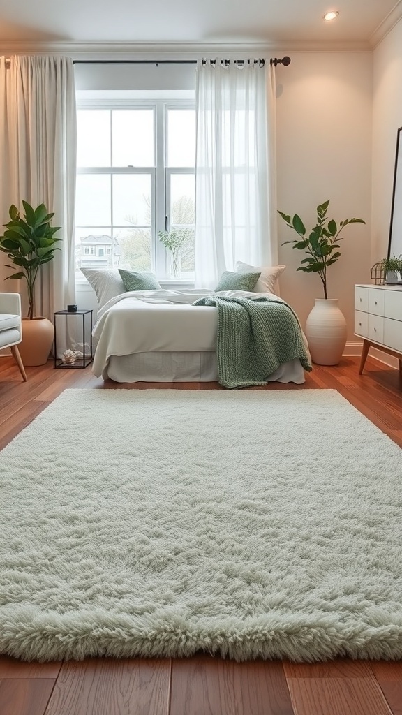 A light green bedroom featuring a soft textured rug, cozy bedding, and plants.