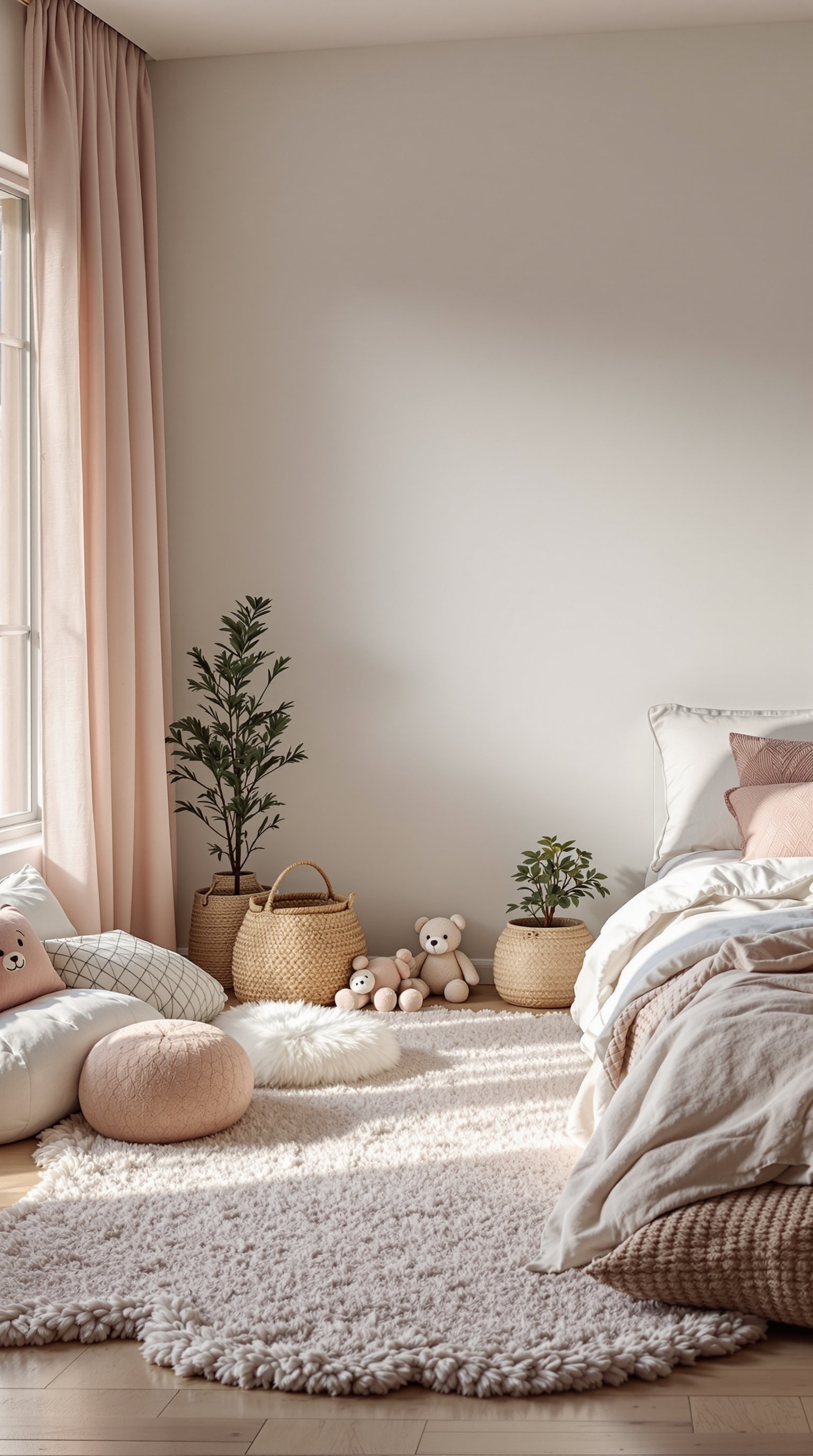 A cozy toddler girl's bedroom featuring soft textures, plush rugs, and gentle colors.