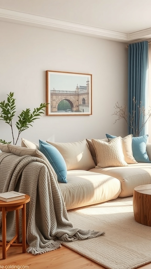 Cozy coastal living room with soft textures, warm colors, and a comfortable sofa.