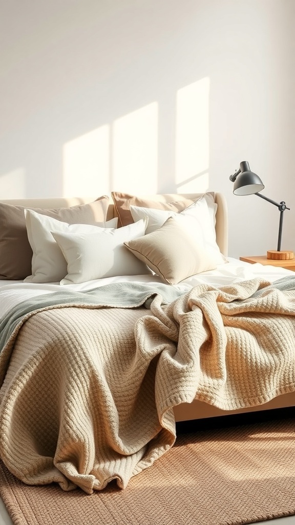 Cozy bedroom with soft throw blankets and pillows