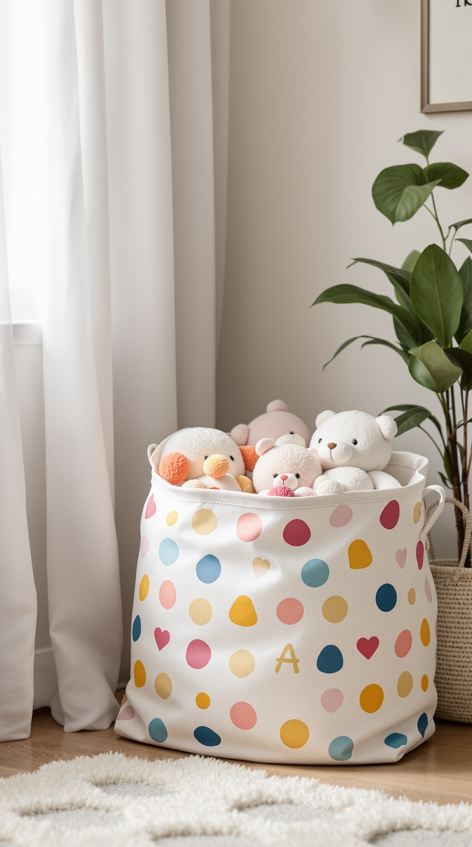 A colorful soft toy storage bag filled with plush animals, featuring a playful polka dot design and handles for easy transport.