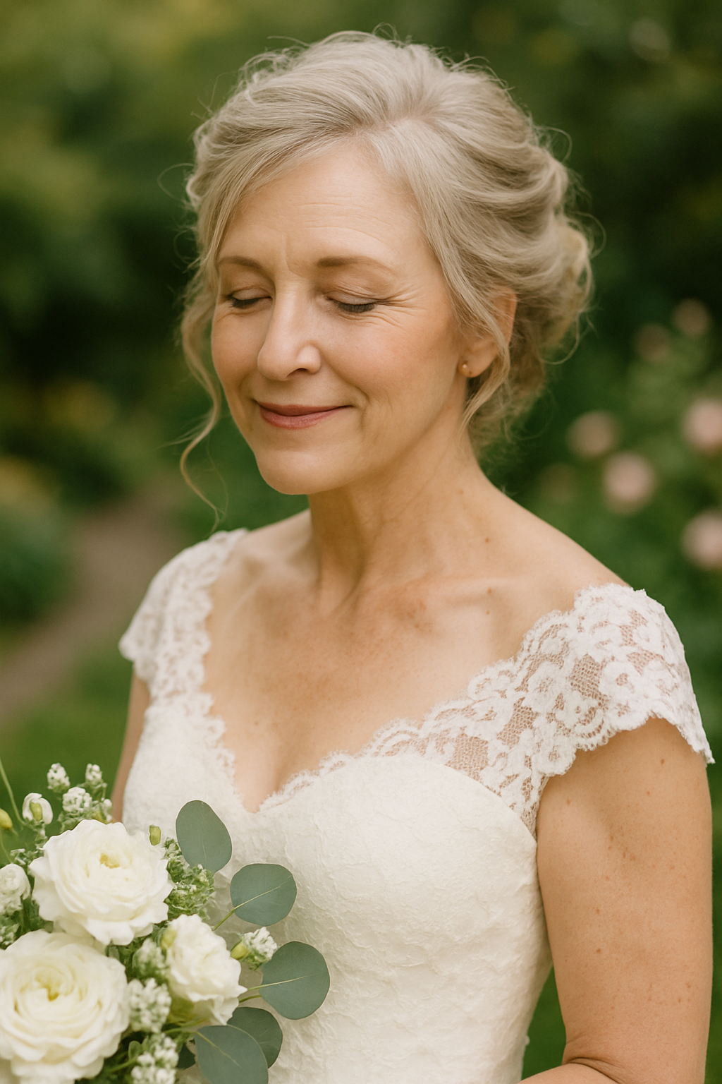 A mature bride with a soft updo hairstyle and wispy tendrils, holding a bouquet of white roses.