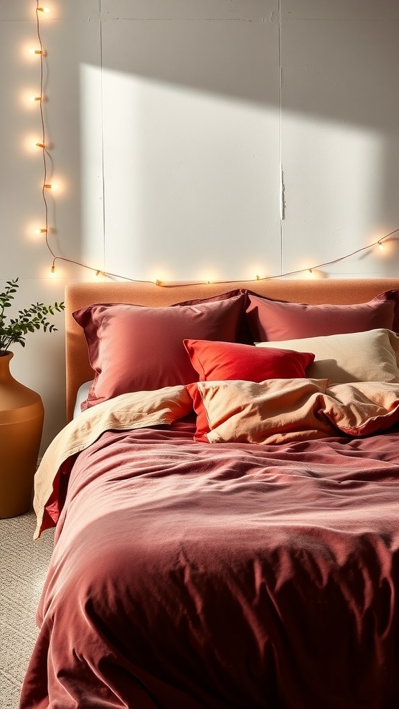 A cozy bedroom featuring soft velvet bedding in warm colors, illuminated by fairy lights.