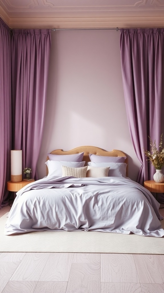 A cozy bedroom featuring soft violet curtains and bedding, with wooden accents and decorative pillows.