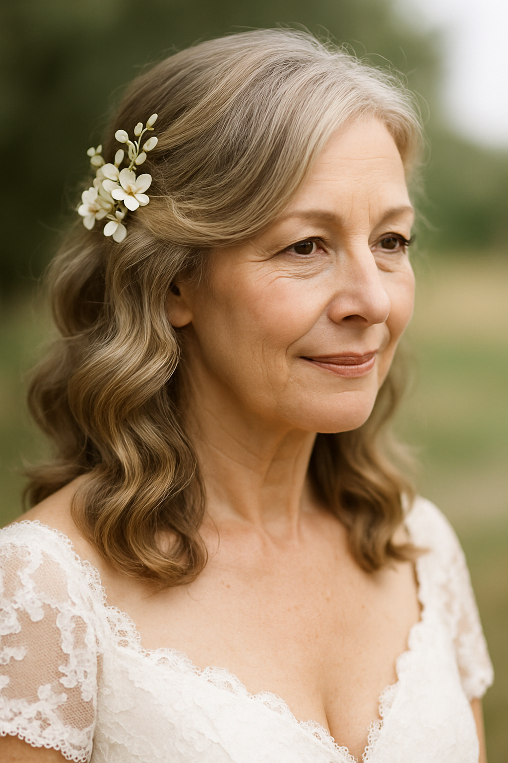 A mature bride with soft waves and a floral hair accessory, showcasing a romantic hairstyle.