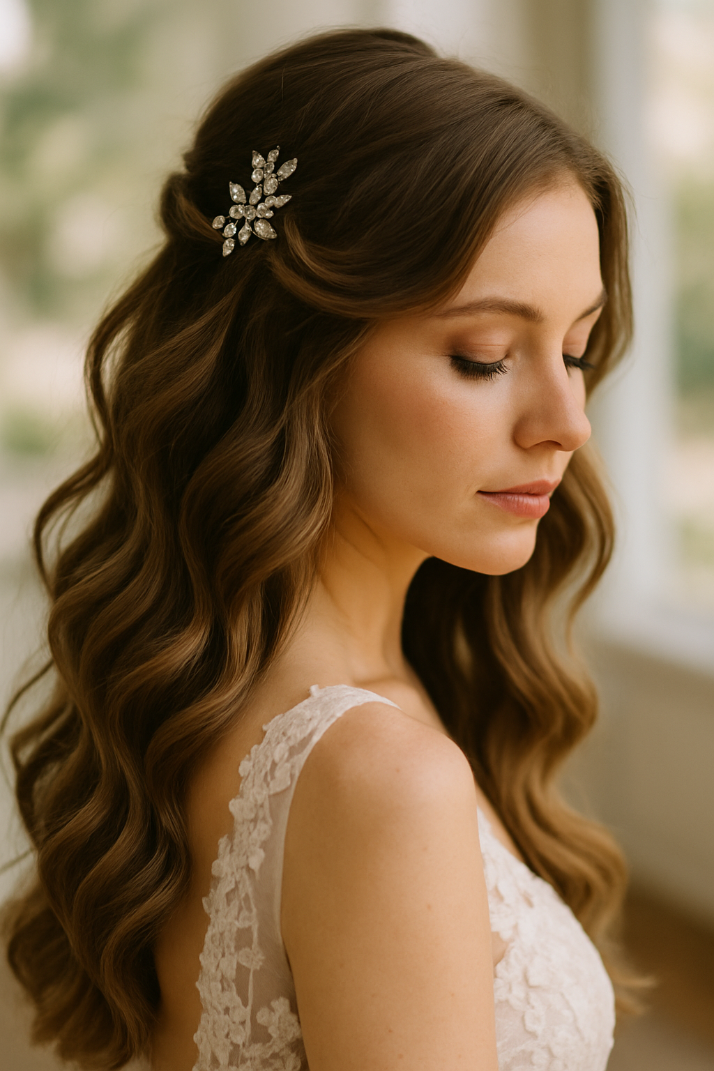 Bridal hairstyle featuring soft waves and a crystal hair clip
