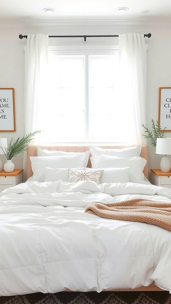 A cozy bedroom featuring soft white bedding, fluffy pillows, and a light throw blanket, with plants and framed quotes in the background.