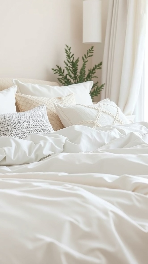 A cozy bed with soft white bedding and decorative pillows, complemented by a small plant.
