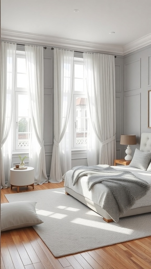 A grey and white bedroom featuring soft white drapery, a cozy bed, and natural light.