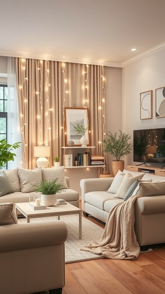 A cozy living room with soft white fairy lights hanging against warm curtains, creating a welcoming atmosphere.