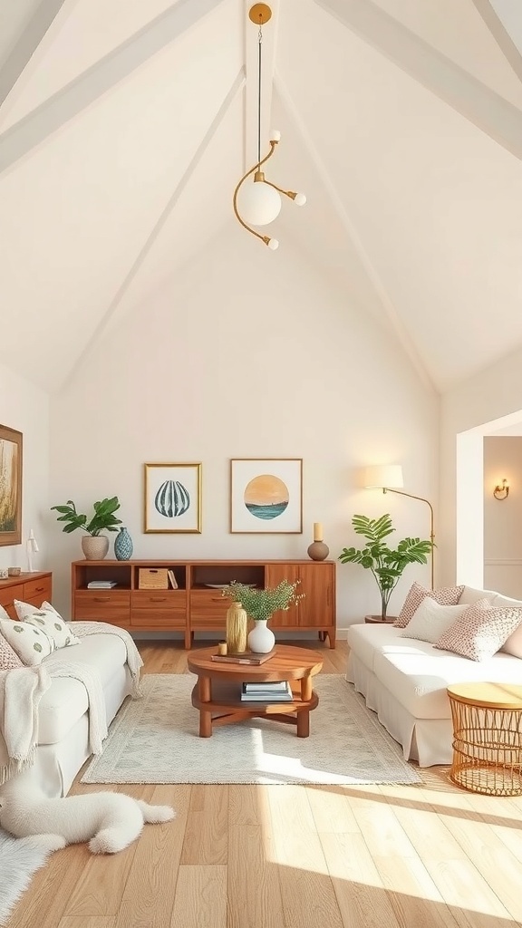 A cozy living room with a slanted ceiling, showcasing soft white walls and warm wood furniture.