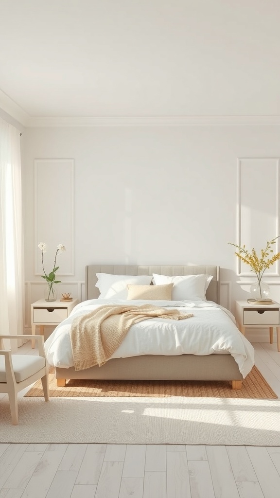 A calming bedroom featuring soft white colors, a cozy bed, and natural light.