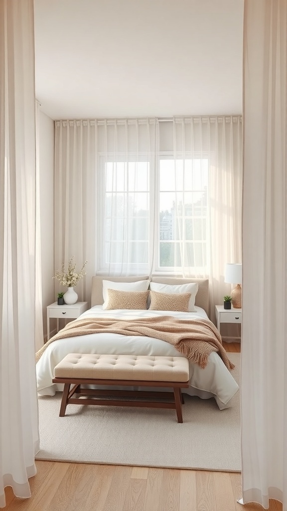 A small master bedroom with soft sheer curtains, a cozy bed, and warm decor.