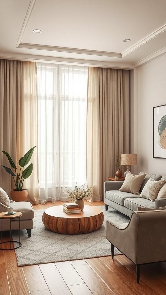 A cozy living room with soft window treatments, featuring light sheer curtains, a comfortable sofa, and a wooden coffee table.