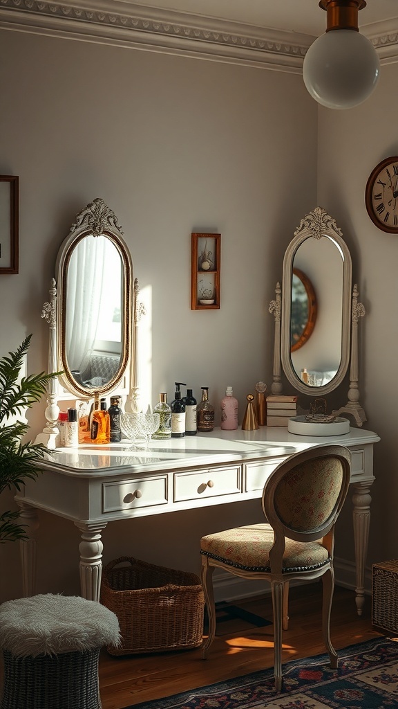 A vintage vanity with mirrors, beauty products, and warm lighting in a cozy bedroom