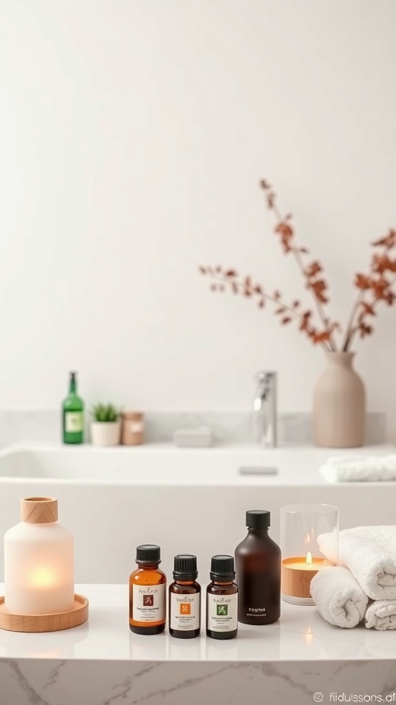 A serene bathroom setup featuring essential oils, a candle, and soft towels.