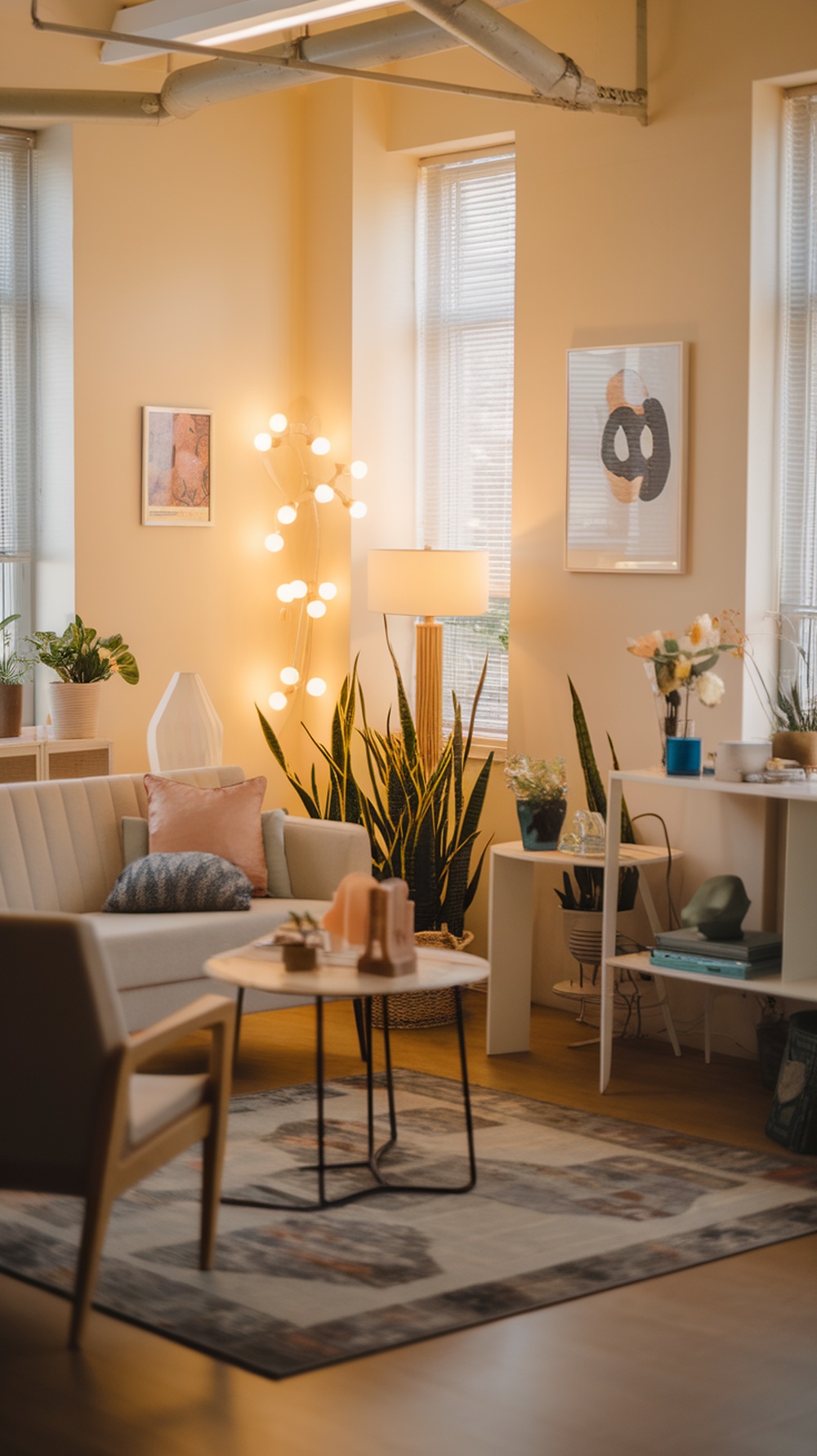 A cozy therapist office with warm lighting, plants, and comfortable seating.