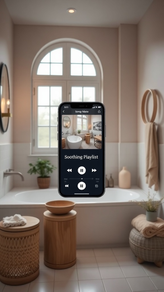 A phone displaying a soothing music playlist in a cozy bathroom setting.