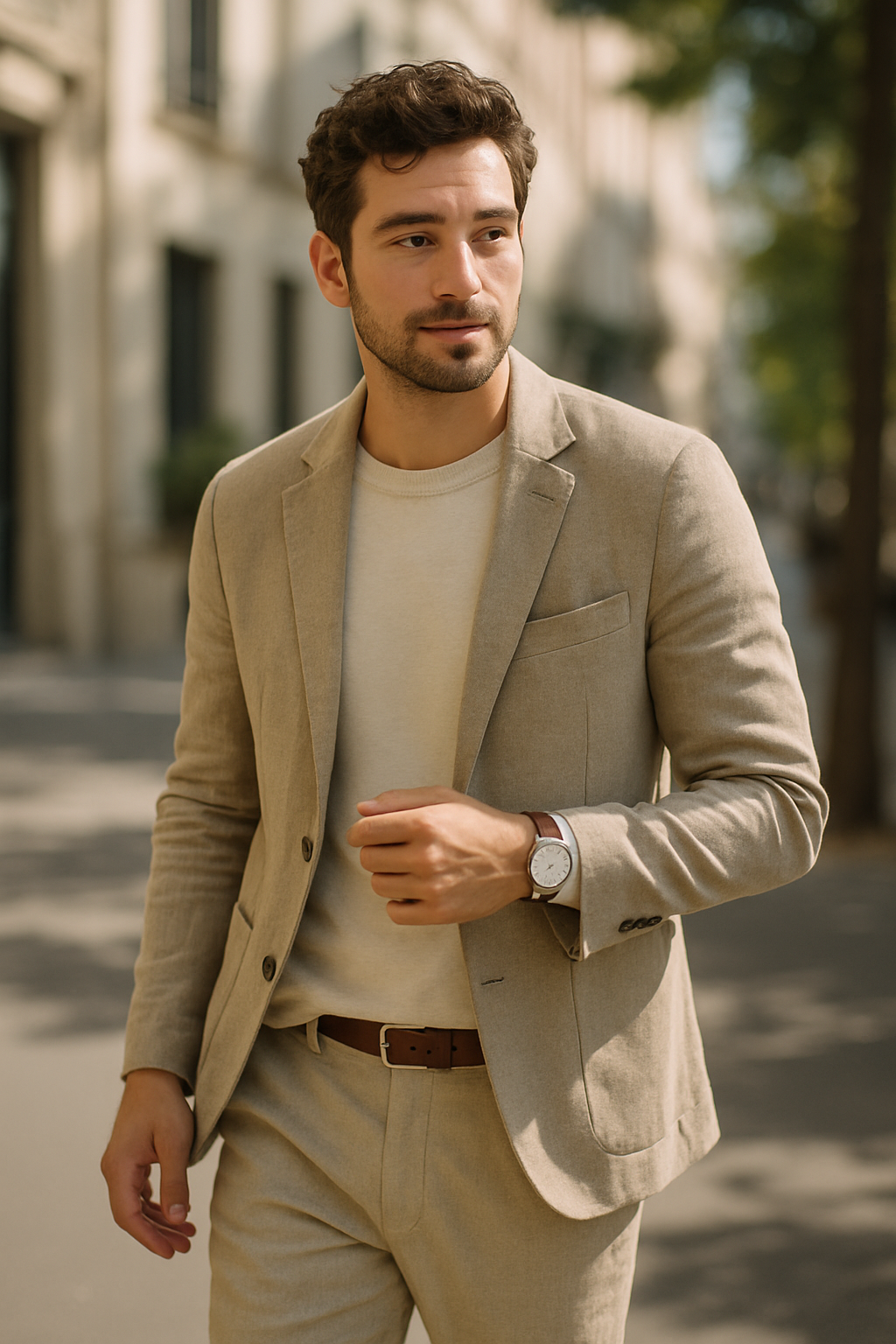 A man in a light beige suit walking outdoors, wearing a stylish watch.