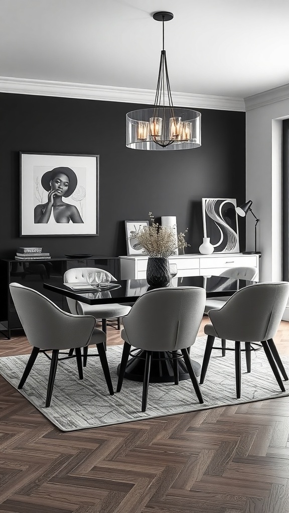 Sophisticated black and white dining area with modern furniture and decor