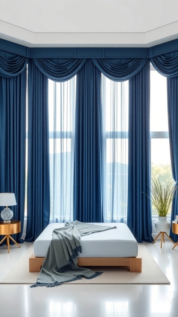 A bedroom featuring sophisticated blue curtains, a simple bed, and light wood furniture.