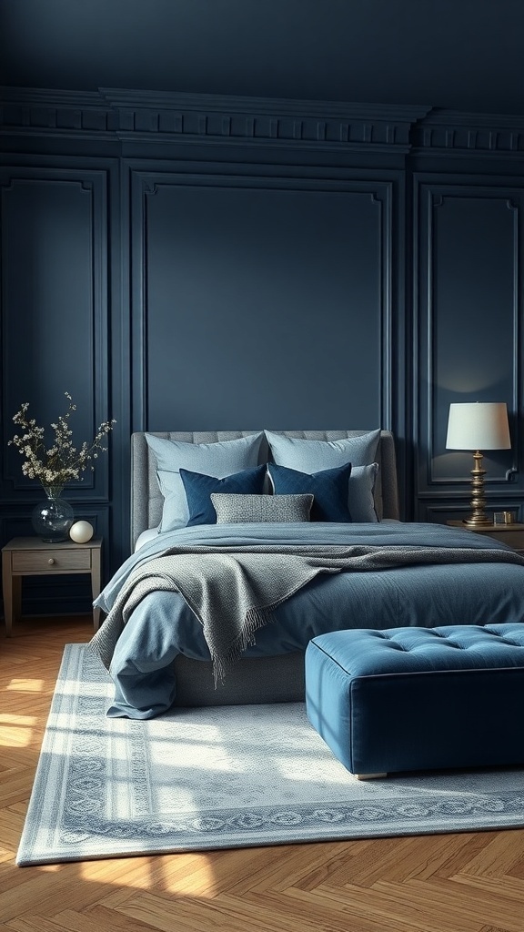 A sophisticated blue monochrome bedroom with deep blue walls, layered bedding, and a cozy ottoman.