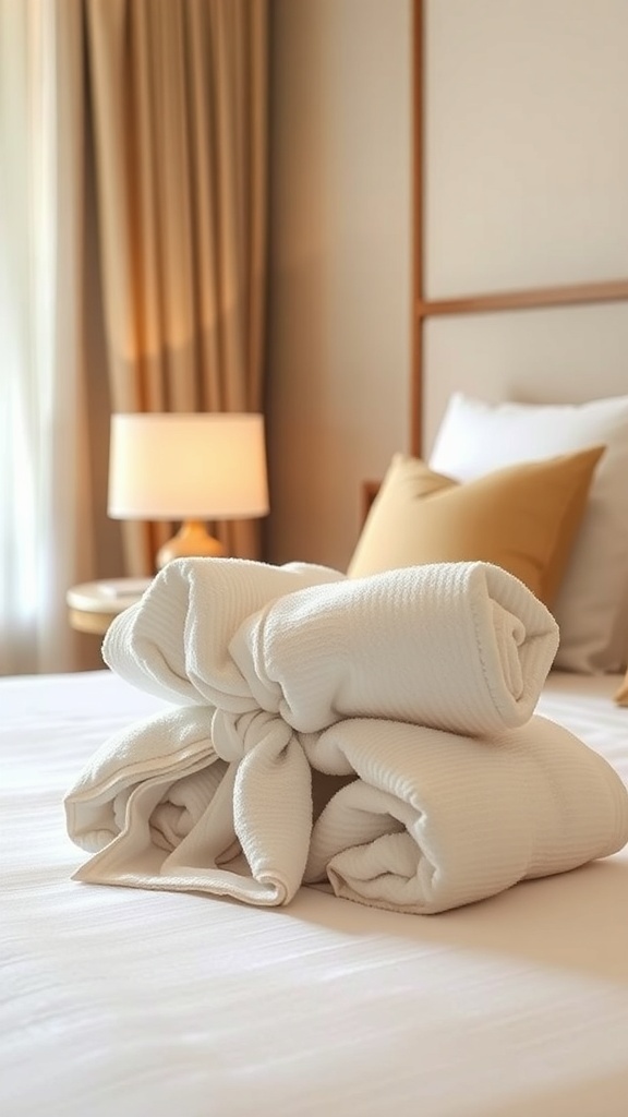 A neatly folded towel shaped like a bow, placed on a bed with soft lighting.