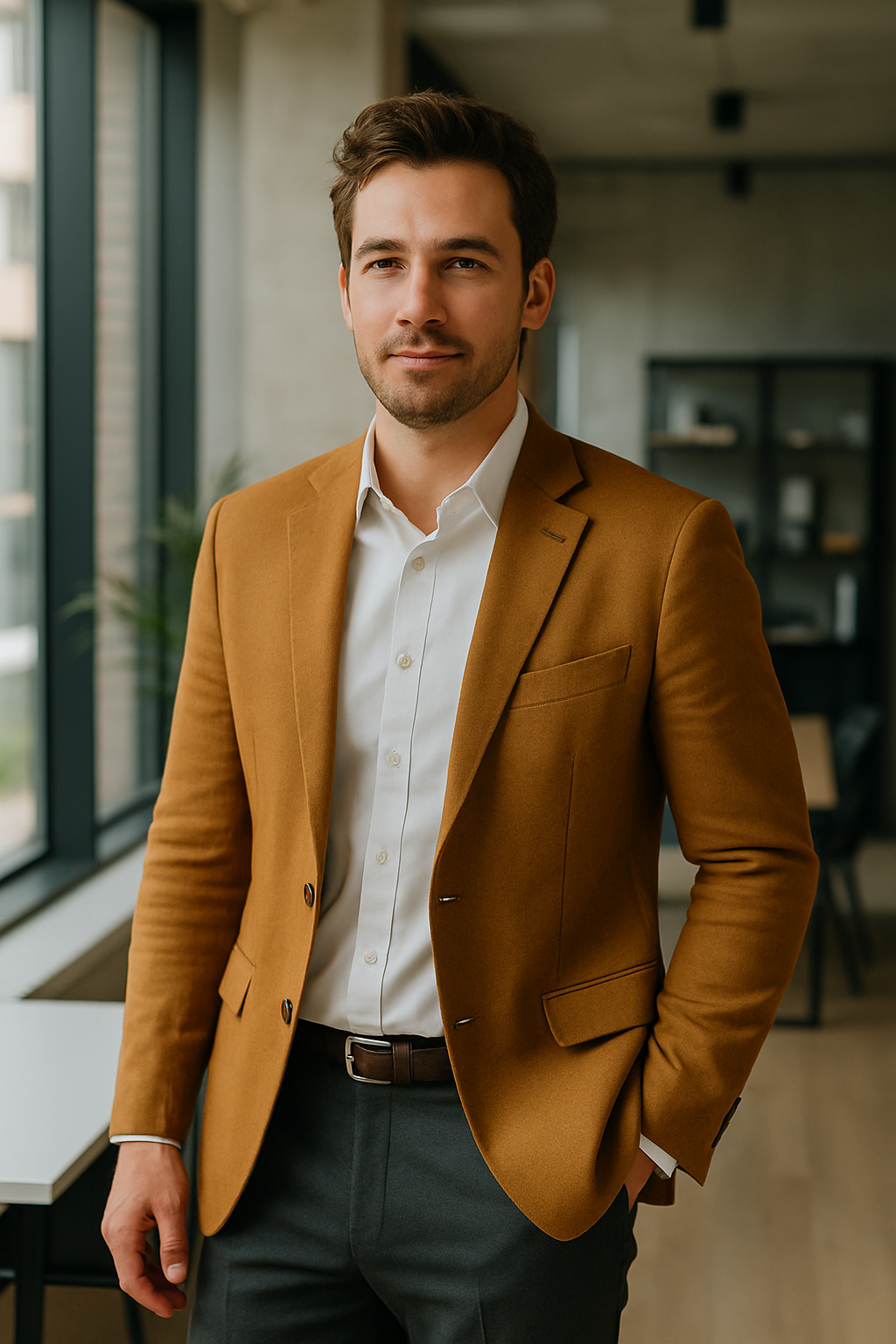 A man wearing a mustard blazer and white shirt, looking confident in a modern office setting.