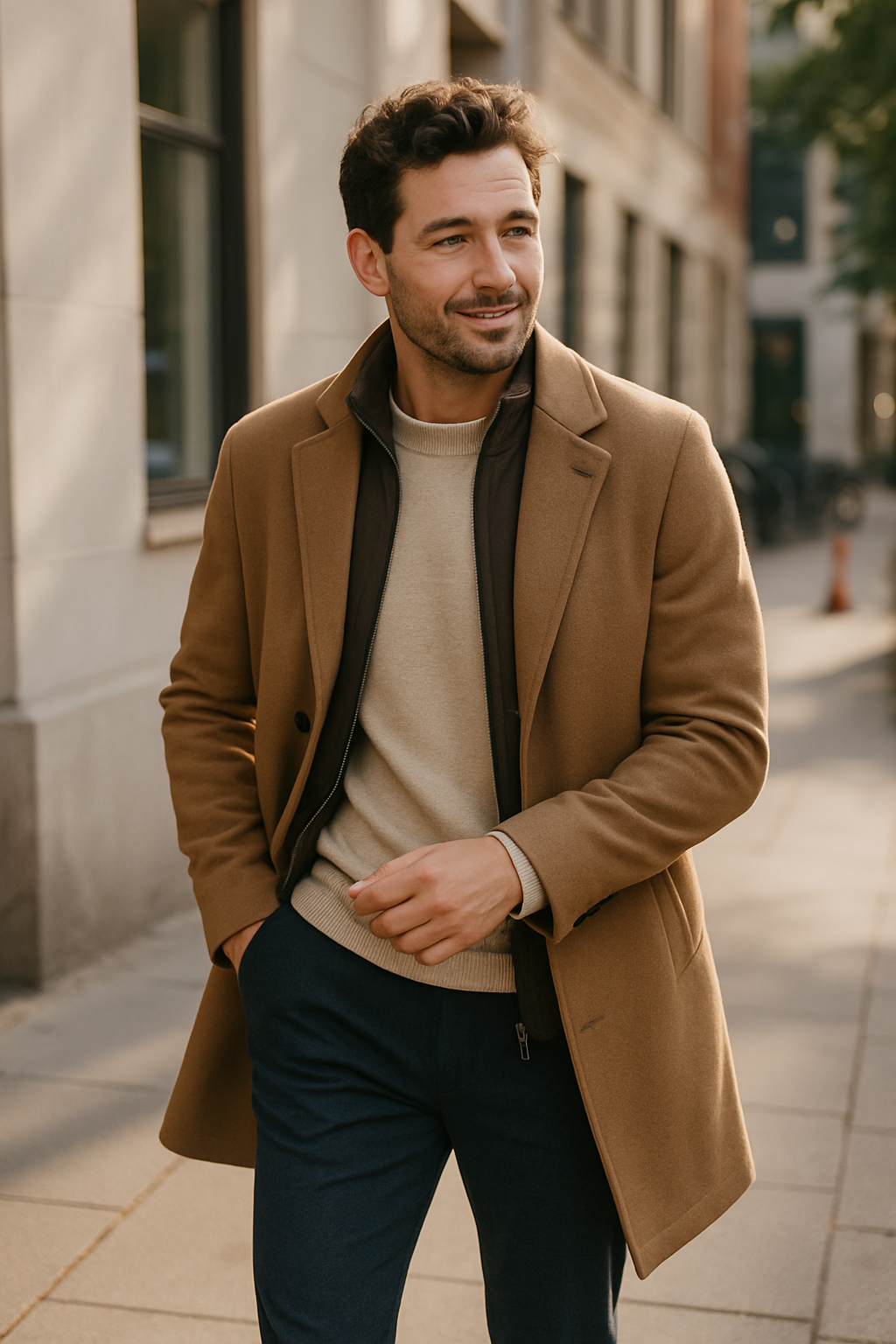 A man wearing a stylish brown coat, cream sweater, and navy chinos, walking confidently on a city street.