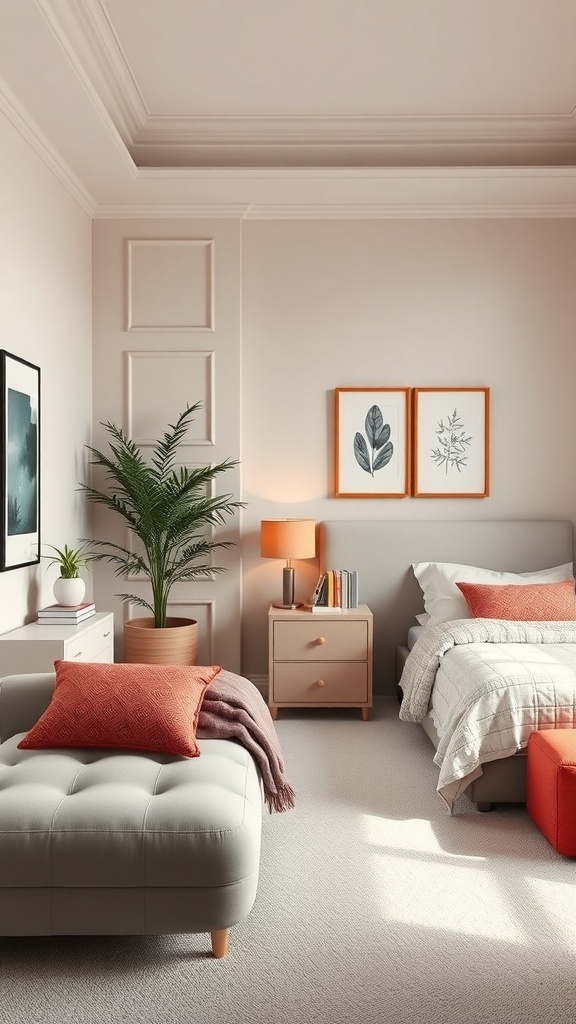 A stylish teen bedroom featuring beige walls, orange accents, and natural elements.