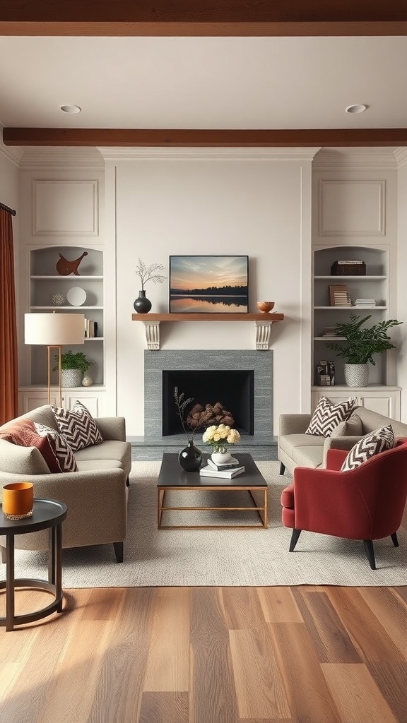 Cozy luxury living room with beige sofas, red accent chair, and wooden beams.