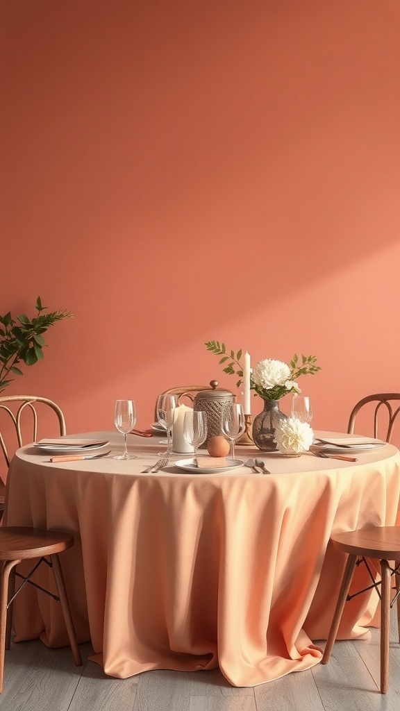 Sophisticated bridal shower table decoration featuring a peach tablecloth, elegant centerpieces, and a warm backdrop