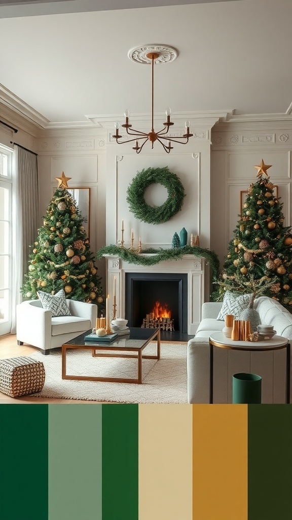 A classy Christmas living room with two decorated trees, a fireplace, and a sophisticated color palette.
