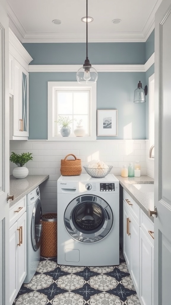 A stylish laundry room featuring blue walls, white cabinets, and patterned floor tiles.
