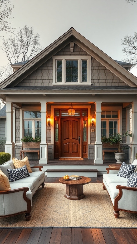 A sophisticated Craftsman style house with a welcoming porch, wooden door, and outdoor seating.