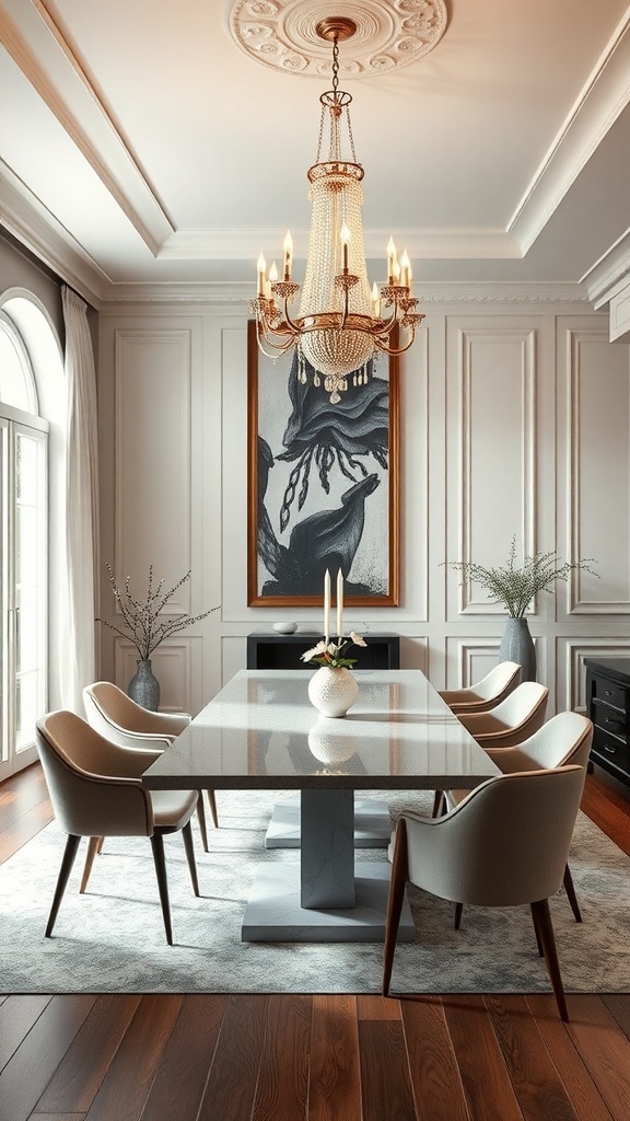 Sophisticated dining room featuring a chandelier, modern table, and plush chairs