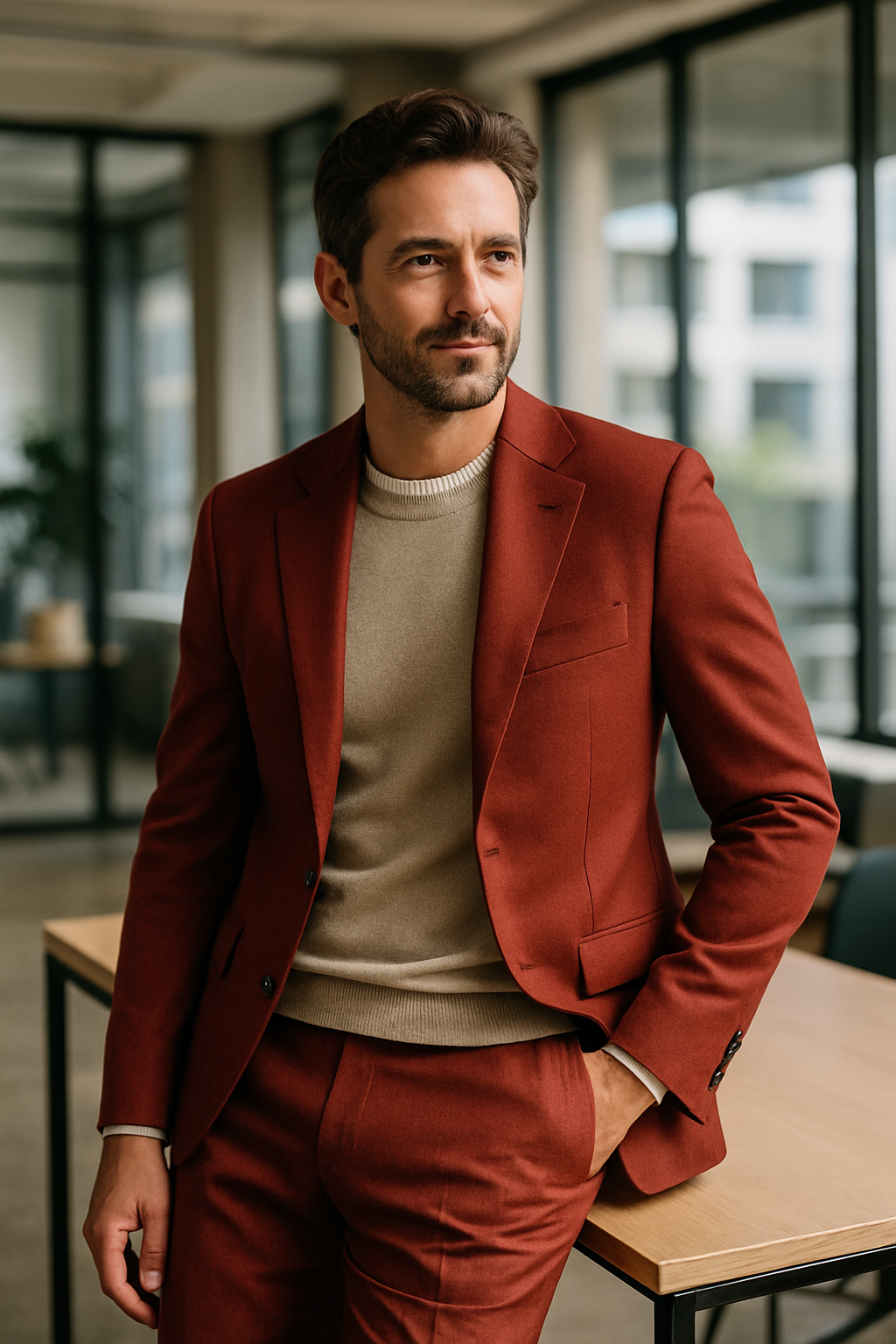 A man wearing a red blazer and tailored trousers, standing confidently in a modern office space.