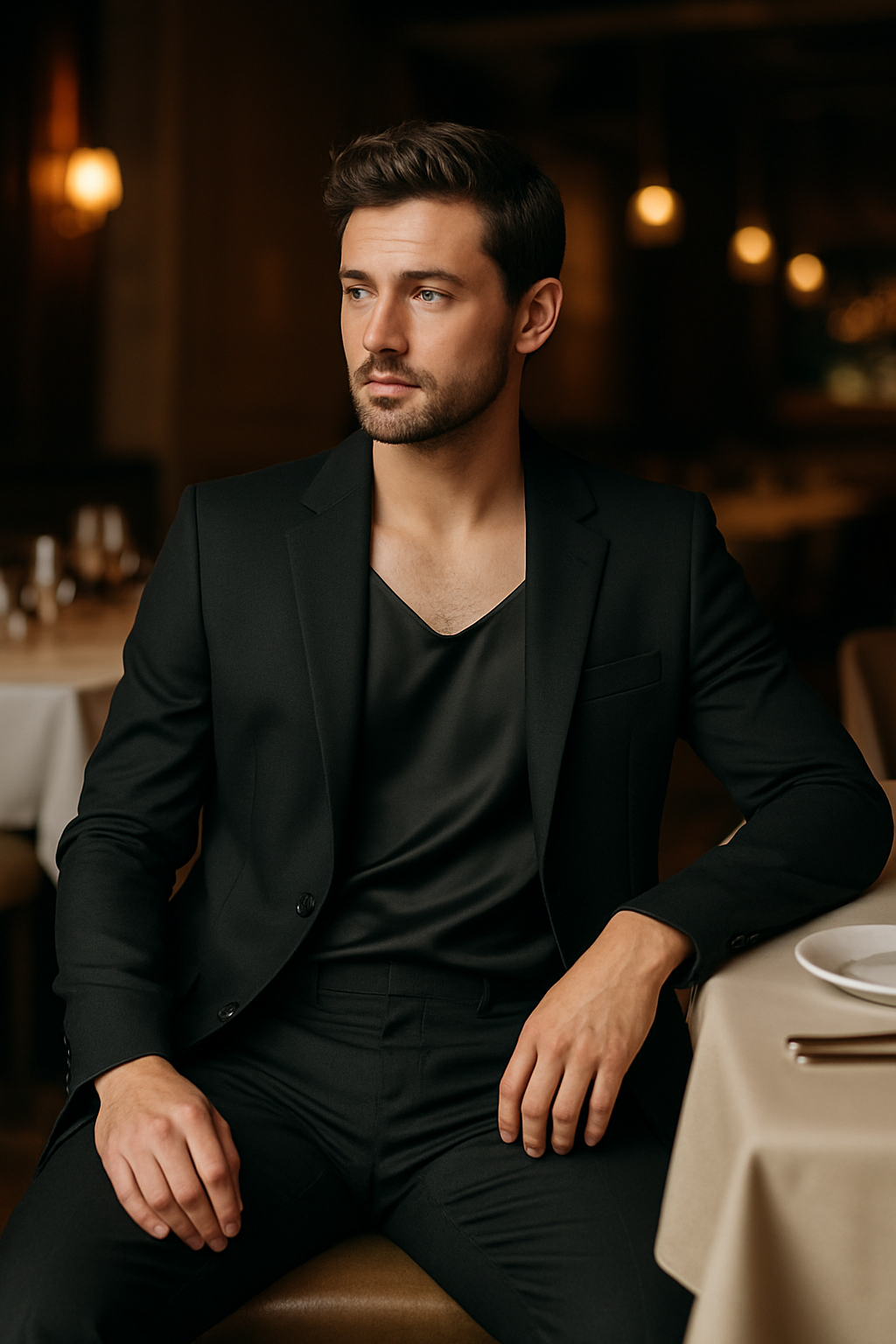 A man in a black blazer and top, sitting at a restaurant table, exuding a sophisticated evening look.