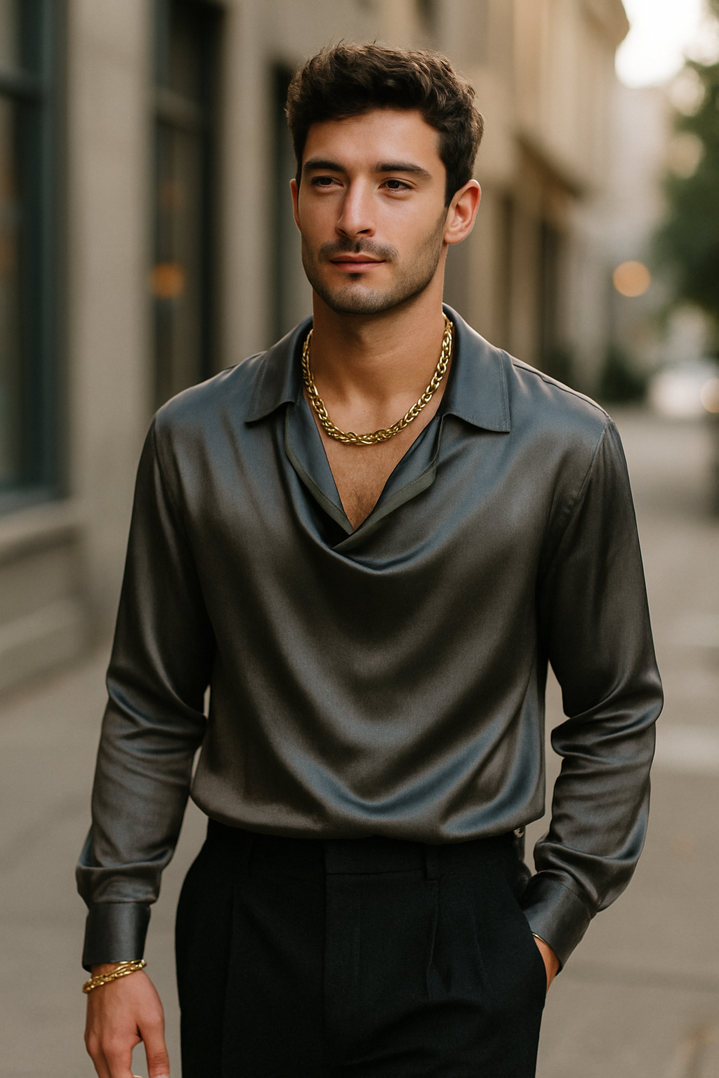 Man wearing a silk top and black linen pants in an urban setting.