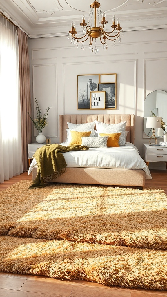 A stylish bedroom featuring a plush gold rug, a comfortable bed with decorative pillows, and elegant lighting.