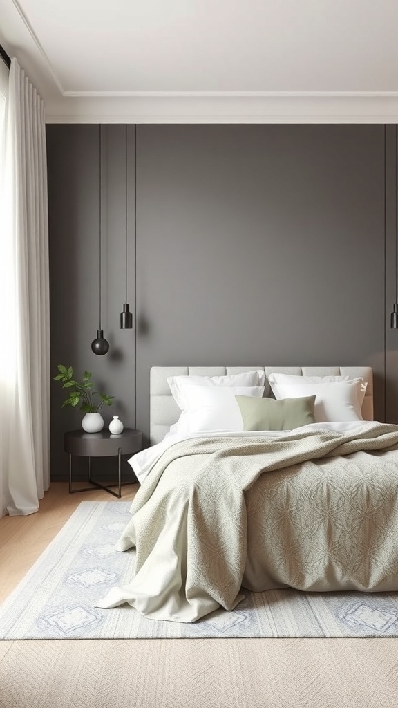 A modern bedroom featuring a grey accent wall, light bedding, and stylish decor.