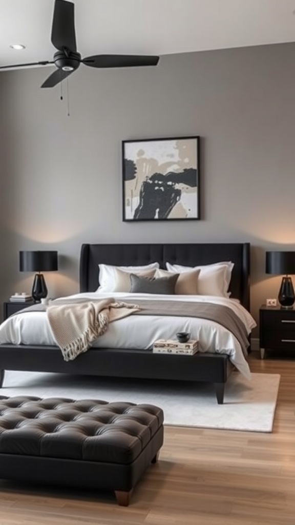 A sophisticated grey bedroom featuring black accents, a stylish bed, and modern decor.