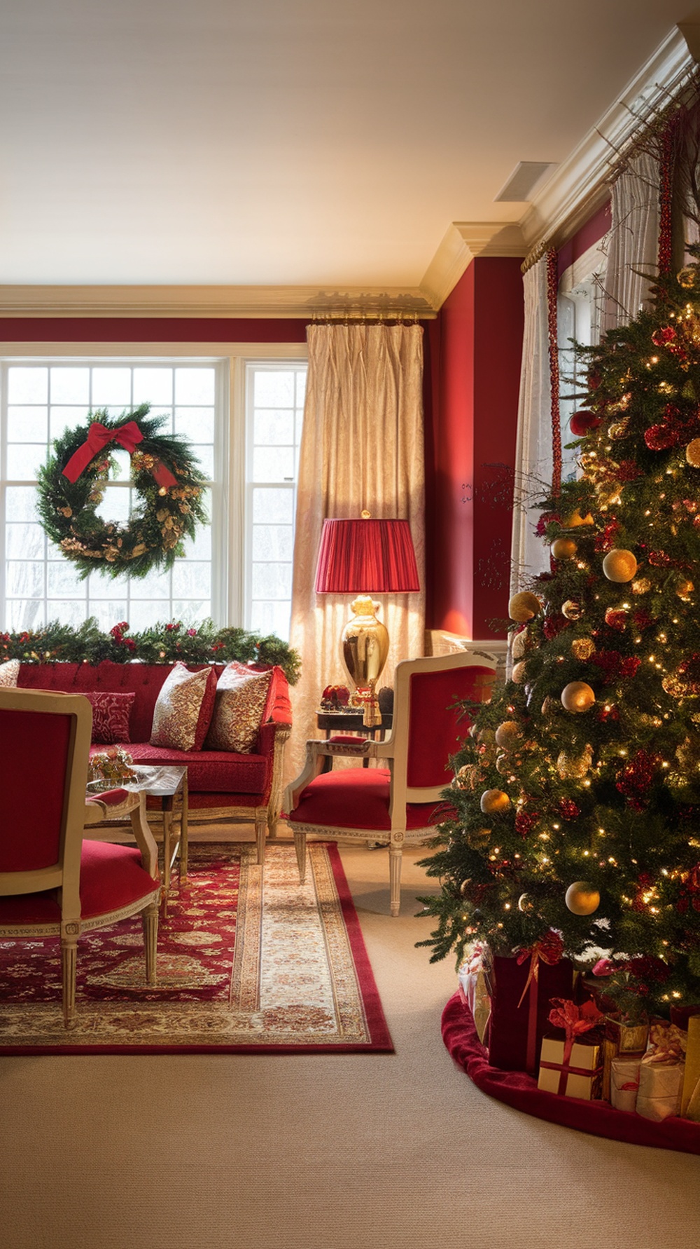 A cozy living room decorated for Christmas with a red and gold color scheme, featuring a Christmas tree, a wreath, and festive pillows.