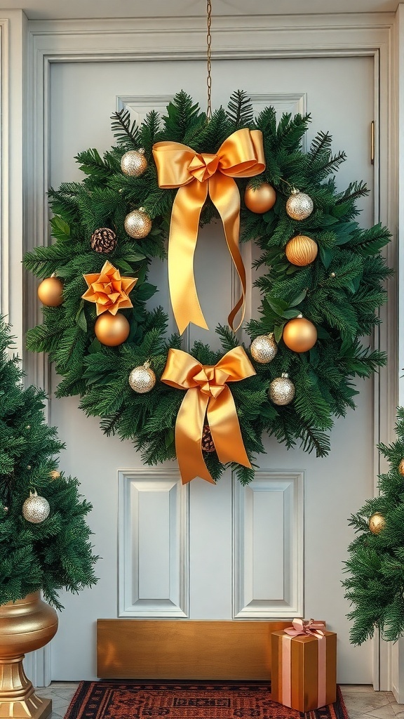 A sophisticated Christmas wreath with golden accents, surrounded by evergreen trees and a wrapped gift.