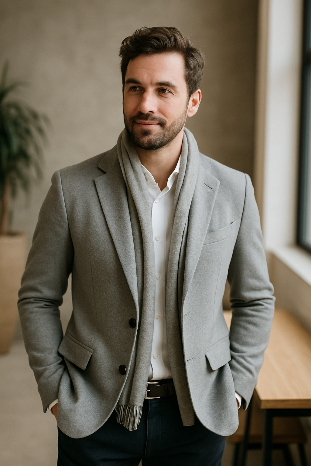 A man wearing a light grey blazer with a white shirt and a scarf, exuding sophistication and style.