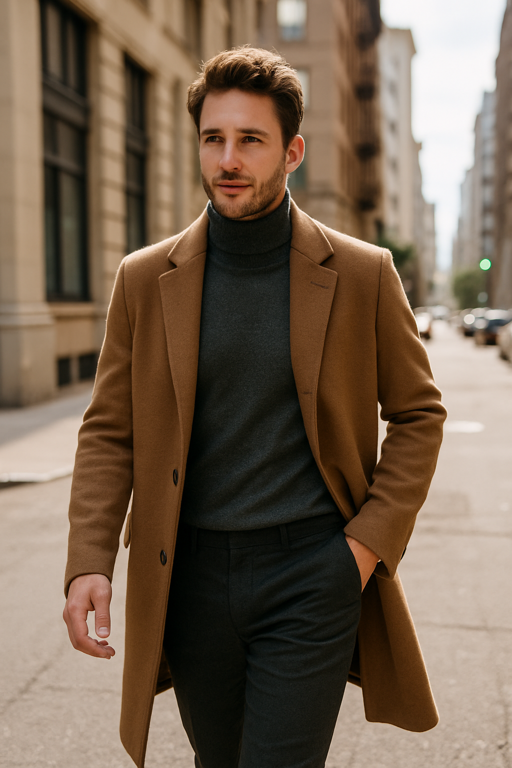 A man walking down the street wearing a long brown wool coat over a dark turtleneck and tailored trousers.