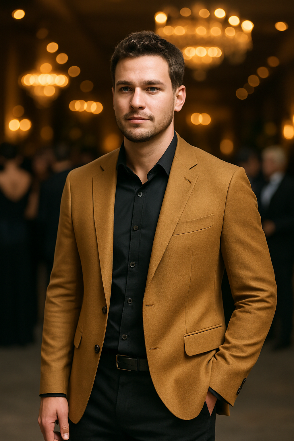 A man wearing a mustard blazer with a black shirt, exuding sophistication in a formal setting.