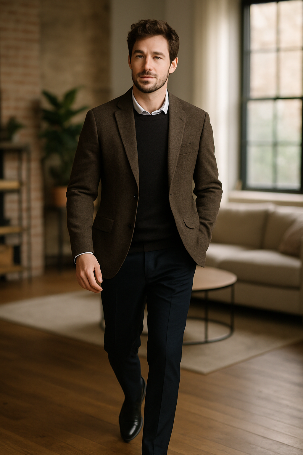 A man in a brown blazer and black dress shoes walking confidently in a stylish indoor setting.
